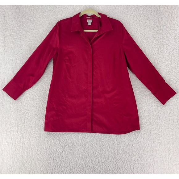 Chico's Tops - Chico's Solid‎ Red Button-Up Shirt Womens Long Sleeve Collared Size 12/14 Petite